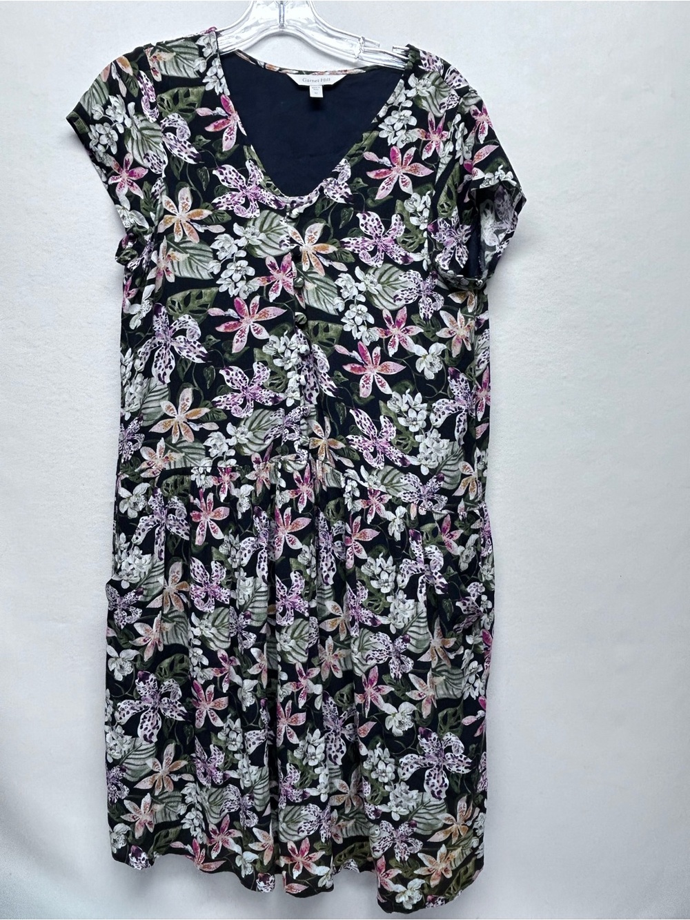 Garnet Hill Black Floral V-Neck Midi Dress with Pink & Green Accents